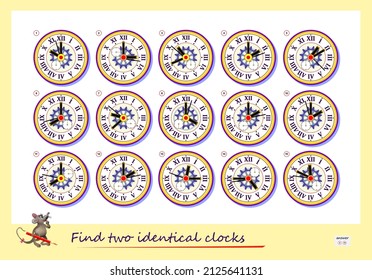 Logic puzzle game for children and adults. Find two identical clocks. Page for kids brain teaser book. Memory exercises for seniors. Developing spatial thinking. IQ test. Play online. Vector image.