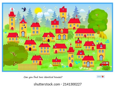 Logic Puzzle Game For Children And Adults. Can You Find Two Identical Houses? Page For Kids Brain Teaser Book. Task For Attentiveness. IQ Test. Play Online. Underwater Life. Vector Cartoon Image.