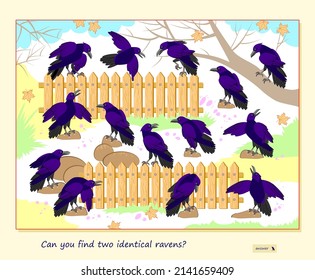 Logic puzzle game for children and adults. Can you find two identical ravens? Page for kids brain teaser book. Task for attentiveness. IQ test. Play online. Underwater life. Vector cartoon image.