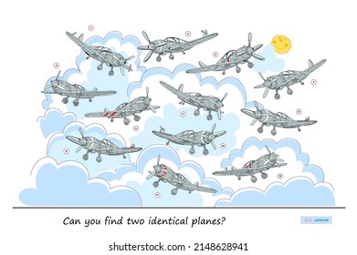 Logic puzzle game for children and adults. Can you find two identical planes? Page for kids brain teaser book. Task for attentiveness. IQ test. Play online. Underwater life. Vector cartoon image.