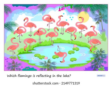 Logic puzzle game for children and adults. Which flamingo is reflecting in the lake? Page for brain teaser book. Developing kids spatial thinking. Task for attentiveness. Vector illustration.