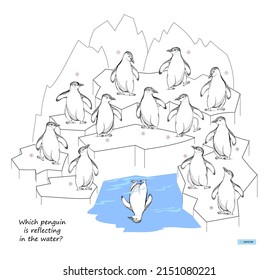 Logic puzzle game for children and adults. Which penguin is reflecting in the water? Page for brain teaser book. Developing kids spatial thinking. Task for attentiveness. Vector illustration.