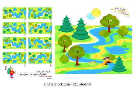 Logic puzzle game for children and adults. Can you find the right top view of park? 3D maze. Printable page for brain teaser book. Developing spatial thinking. IQ test. Play online. Flat vector.