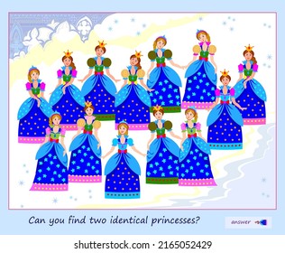 Logic puzzle game for children and adults. Can you find two identical princesses? Page for kids brain teaser book. Task for attentiveness. Sea life. IQ test. Play online. Vector cartoon illustration.