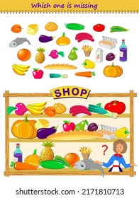 Logic puzzle game for children and adults. What product sales girl forgot to put on the shelf? Which one is missing? Brain teaser book. Developing counting skills. Kids activity sheet. Play online.