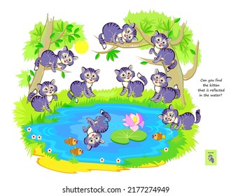 Logic puzzle game for children and adults. Can you find the kitten that is reflected in the water? Page for brain teaser book. Developing kids spatial thinking. Task for attentiveness. Vector image.