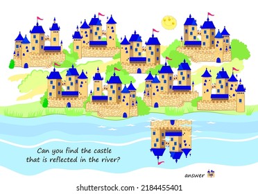 Logic puzzle game for children and adults. Can you find the castle that is reflected in the river? Page for brain teaser book. Developing kids spatial thinking. Task for attentiveness. Vector image.