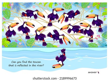 Logic puzzle game for children and adults. Can you find the toucan that is reflected in the river? Page for brain teaser book. Developing kids spatial thinking. Task for attentiveness. Vector image.