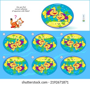 Juego de rompecabezas lógico para niños y adultos. ¿Puedes encontrar una reflexión correcta del acuario con peces? Página para el libro de bromas de cerebro. Desarrollando el pensamiento espacial infantil. Tarea de atención. Imagen vectorial.