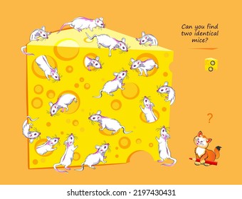 Logic puzzle game for children and adults. Can you find two identical mice? Page for kids brain teaser book. Task for attentiveness.  IQ test. Play online. Vector cartoon illustration.