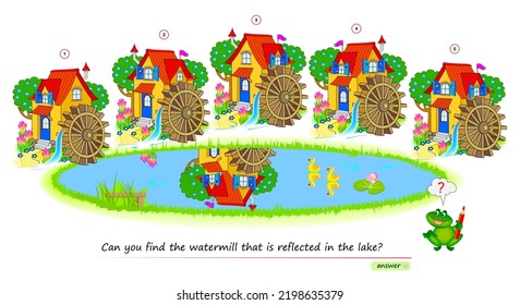 Logic Puzzle Game For Children And Adults. Can You Find The Water Mill That Is Reflected In The Lake? Page For Brain Teaser Book. Developing Kids Spatial Thinking. Task For Attentiveness.