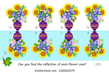 Logic puzzle game for children and adults. Can you find the reflection of each flower vase? Page for brain teaser book. Developing kids spatial thinking. Task for attentiveness. Vector illustration.