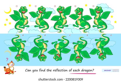 Logic puzzle game for children and adults. Can you find the reflection of each dragon? Page for brain teaser book. Developing kids spatial thinking. Task for attentiveness. Vector illustration.