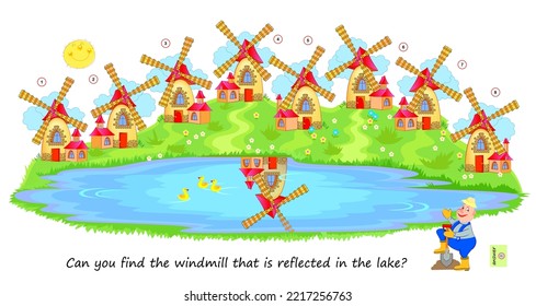 Logic puzzle game for children and adults. Can you find the windmill that is reflected in the lake? Page for brain teaser book. Developing kids spatial thinking. Task for attentiveness. Vector image.