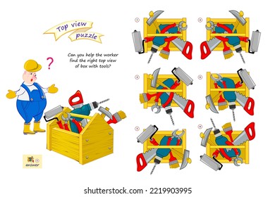 Logic puzzle game for children and adults. Can you help the worker find the right top view of box with tools? 3D maze. Page for brain teaser book. Developing spatial thinking. IQ test. Play online.