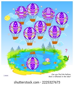 Logic puzzle game for children and adults. Can you find the balloon that is reflected in the lake? Page for brain teaser book. Developing kids spatial thinking. Task for attentiveness. Vector image.