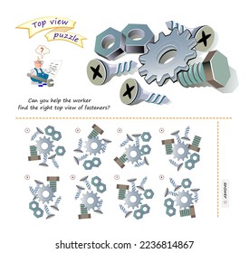 Logic puzzle game for children and adults. Can you help the worker find the right top view of fasteners? 3D maze. Page for brain teaser book. Developing spatial thinking. IQ test. Play online.