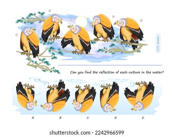 Logic puzzle game for children and adults. Can you find the reflection of each vulture in the water? Brain teaser book. Developing kids spatial thinking. Task for attentiveness. Vector illustration.