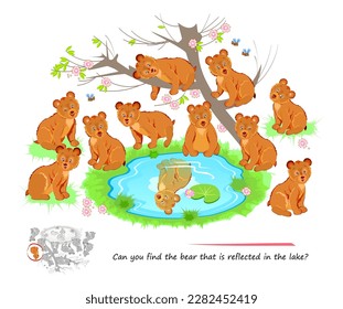 Logic puzzle game for children and adults. Can you find the bear that is reflected in the lake? Page for brain teaser book. Developing kids spatial thinking. Task for attentiveness. Vector image.