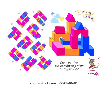 Logic puzzle game for children and adults. Can you find the correct top view of toy house? 3D maze. Page for brain teaser book. Developing spatial thinking. IQ test. Play online. Vector cartoon image