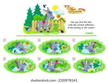 Logic puzzle game for children and adults. Can you find the lake with the correct reflection of the donkey in the water? Page for brain teaser book. Developing kids spatial thinking. Vector image.