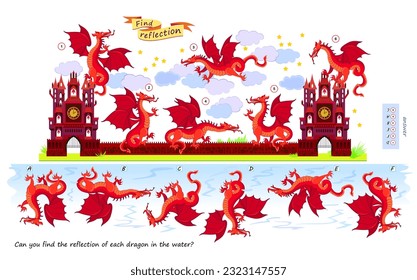 Logic puzzle game for children and adults. Can you find the reflection of each dragon in the water? Brain teaser book. Developing kids spatial thinking. Task for attentiveness. Vector illustration.