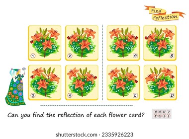 Logic puzzle game for children and adults. Can you find the reflection of each flower card? Brain teaser book. Developing kids spatial thinking. Task for attentiveness. Vector illustration.