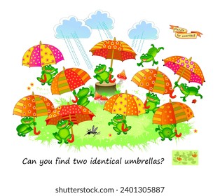 Logic puzzle game for children and adults. Can you find two identical umbrellas? Page for kids brain teaser book. Task for attentiveness.  IQ test. Play online. Vector cartoon illustration.