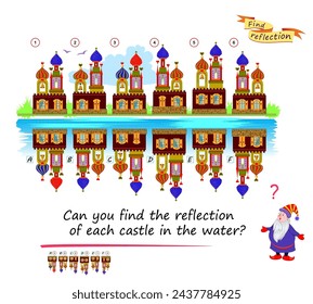 Logic puzzle game for children and adults. Can you find the reflection of each castle in the water? Brain teaser book. Developing kids spatial thinking. Task for attentiveness. Vector illustration.