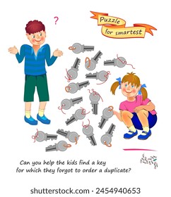 Logic puzzle game for children and adults. Can you help the kids find a key for which they forgot to order a duplicate? Develop spatial thinking skills. Brain teaser book. Vector illustration.