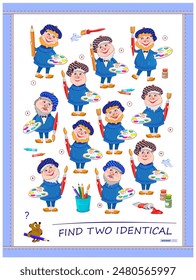 Logic puzzle game for children and adults. Can you find two identical artists? Memory exercises for seniors. Page for kids brain teaser book. Developing spatial thinking. IQ test. Vector illustration