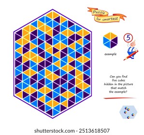 Logic puzzle game for children and adults. Can you find 5 cubes hidden in the picture that match the example? Develop spatial thinking. Task for attentiveness. Brain teaser book. Vector illustration.