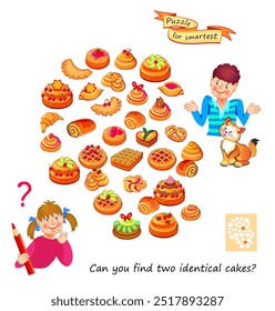 Juego de puzzle de lógica para niños y adultos. ¿Puedes encontrar dos pasteles idénticos? Página para niños libro de bromista cerebral. Tarea de atención.  Prueba de coeficiente intelectual. Juega en línea. Ilustración vectorial plana.