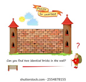 Logic puzzle game for children and adults. Can you find two identical bricks in the wall? Page for kids brain teaser book. Task for attentiveness.  IQ test. Play online. Flat vector illustration.