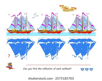 Logic puzzle game for children and adults. Can you find the reflection of each sailboat? Brain teaser book. Developing kids spatial thinking. Task for attentiveness. Vector illustration.