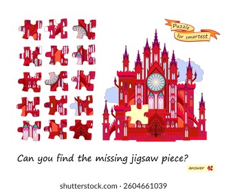 Logic puzzle game for children and adults. Can you find the missing jigsaw piece? Page for kids brain teaser book. Task for attentiveness. Developing spatial thinking. Flat vector illustration.