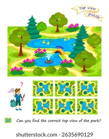 Logic puzzle game for children and adults. Can you find the correct top view of the park? 3D maze. Printable page for brain teaser book. Developing spatial thinking. IQ test. Flat vector illustration