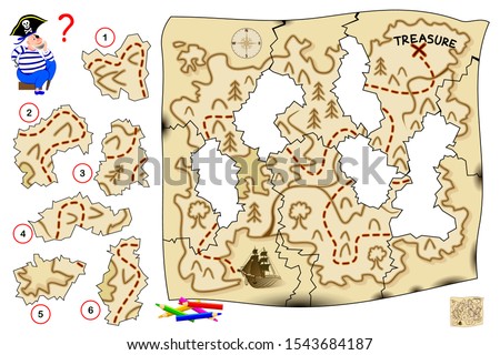 Logic puzzle game for children and adults. Help the pirate restore old map and find treasure. Find the correct place for each piece of paper and draw them. Printable page for kids brain teaser book.