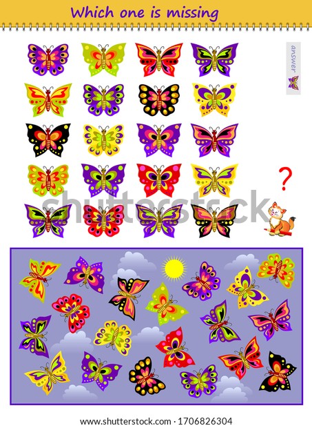 Logic puzzle game for children and adults. Which\
one of butterflies is missing in picture? Printable page for kids\
brain teaser book. Developing spatial thinking skills. IQ test.\
Flat cartoon vector.