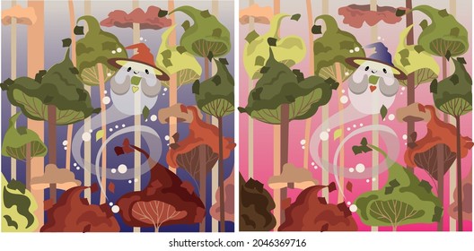 Logic puzzle game for children and adults.Need to find 10 differences. Bright colorful illustration for children. The girl is selling cotton candy on a stick.A cute spirit flies in the autumn forest.