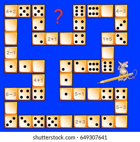 Logic puzzle game for children with dominoes. Solve examples. Draw the corresponding number of dots in correct places to close the circuit. Vector image.