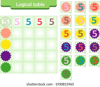 Logic puzzle game for children. Fill in empty cells. Reusable game