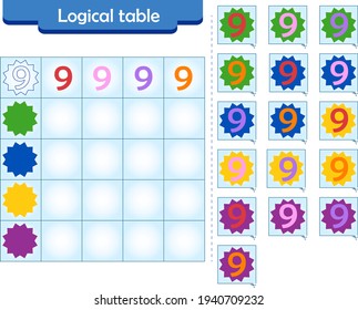 Logic puzzle game for children. Fill in empty cells. Reusable game