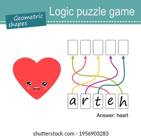 Logic puzzle game for children. Geometric shapes, heart. Cartoon flat style. Vector illustration