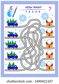 Logic puzzle game for children with labyrinth. Count quantity of Christmas trees in lorries and write the numbers on houses. Educational page for kids. Printable worksheet for math textbook. IQ test.