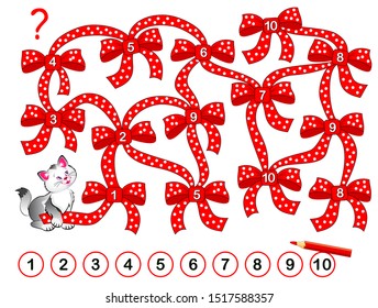 Logic puzzle game for children with labyrinth. Printable worksheet for math textbook. Educational page for kids. Help the cat untie the bows sequentially from 1 to 10. Developing counting skills.