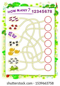 Logic puzzle game for children with labyrinth. Printable worksheet for math textbook. Educational page for kids book. Count the quantity of insects and write the numbers in circles. Back to school.