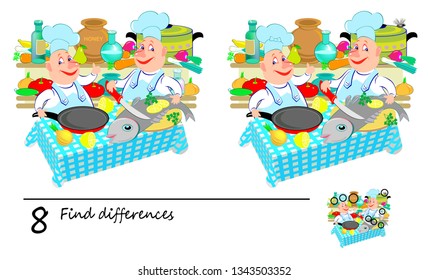 Logic puzzle game for children. Need to find 8 differences. Printable page for baby brainteaser book. Two funny chefs prepare fish in the kitchen. Developing skills for counting. Vector cartoon image.