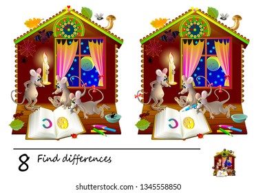 Logic puzzle game for children. Need to find 8 differences. Printable page for baby brainteaser book. Curious mice read a book at night. Developing skills for counting. Vector cartoon image.