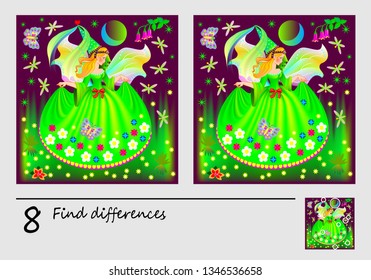 Logic puzzle game for children. Need to find 8 differences. Printable page for baby brainteaser book. Beautiful medieval fairy at night. Developing skills for counting. Vector cartoon image.